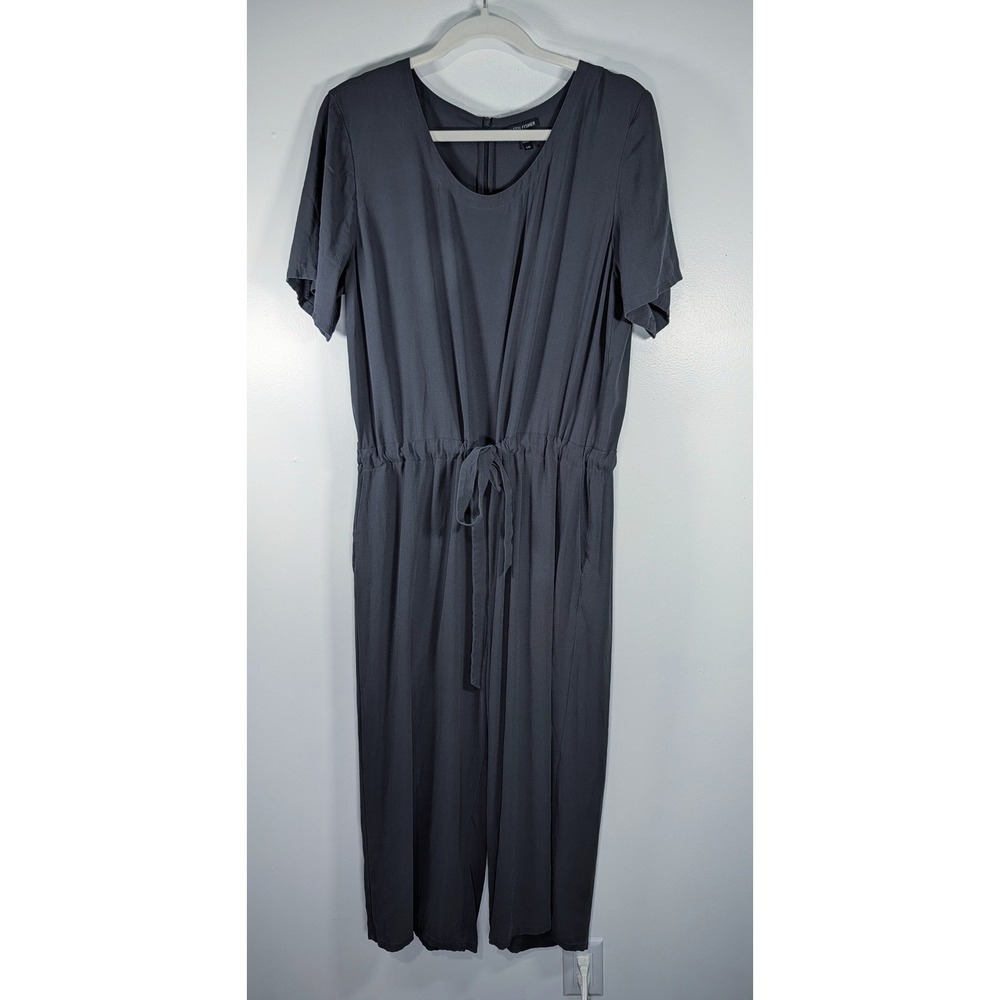 Eileen Fisher 100% Silk Jumpsuit Womens Charcoal Gray Short Sleeve Drawstring LG